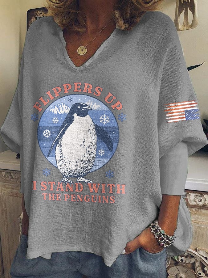 🔥Buy 3 Get 15% Off🔥V-neck Retro Flippers Up I Stand With The Penguins Resist Tariffs Print T-shirt