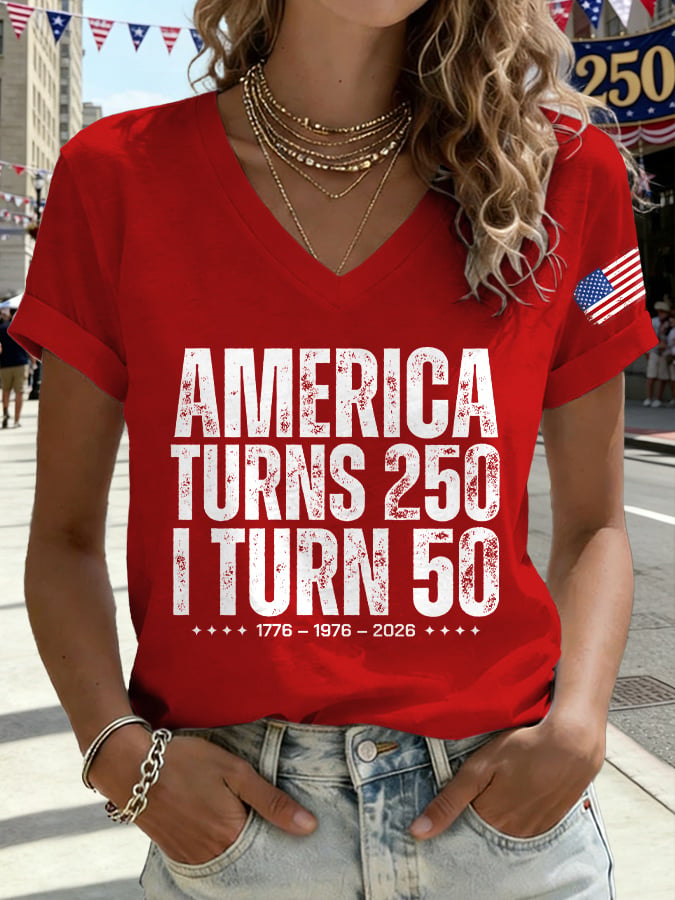 V-Neck Retro 250th Anniversary 1776-2026 America Turns 250 I Turn 50 1776 • 1976 • 2026 Print T-Shirt
