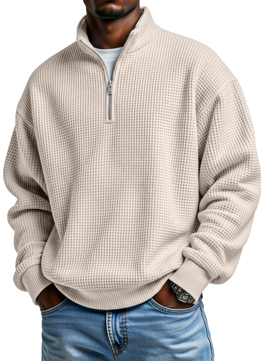 Men's Daily Loose And Simple Waffle Half-zip Stand Collar Long-sleeved Polo Shirt