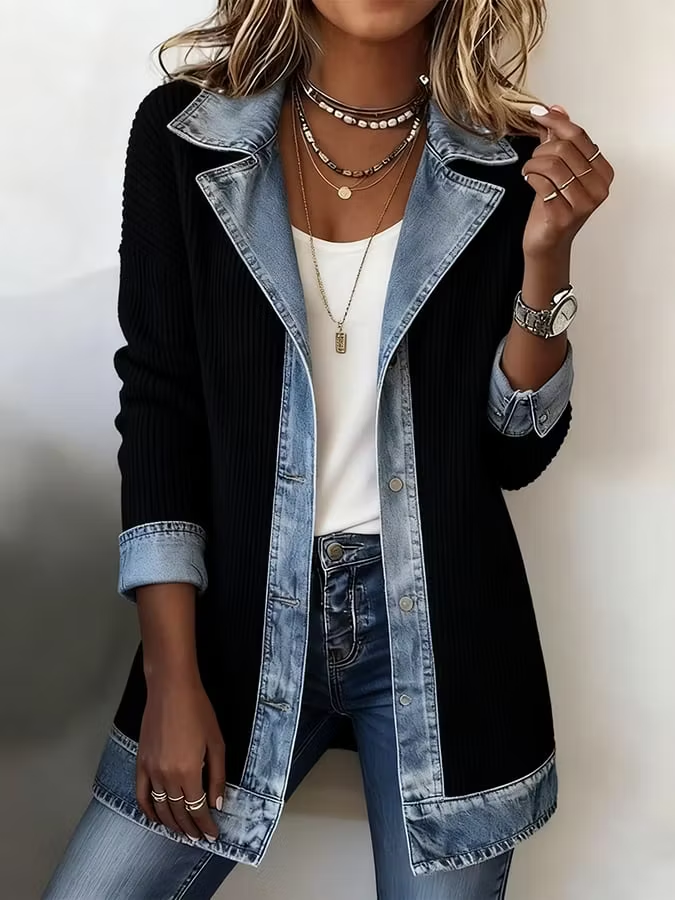 Clearance Sale 🔥 Elegant Patchwork-Style Denim & Knit Cardigan
