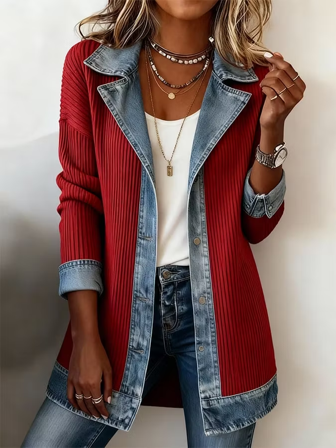 Clearance Sale 🔥 Elegant Patchwork-Style Denim & Knit Cardigan