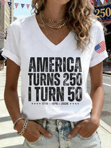 V-Neck Retro 250th Anniversary 1776-2026 America Turns 250 I Turn 50 1776 • 1976 • 2026 Print T-Shirt