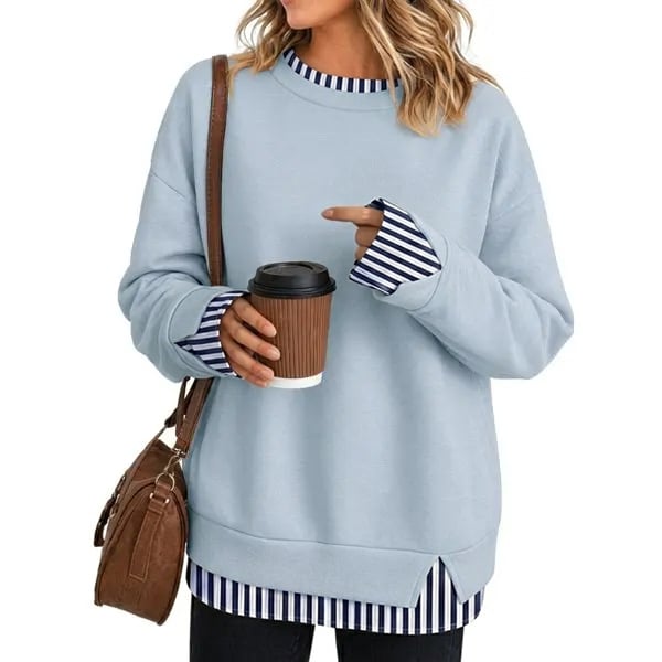 Women Crew Neck Fake Two Piece Striped Patchwork Drop Shoulder Oversized Sweatshirt