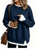 Women Crew Neck Fake Two Piece Striped Patchwork Drop Shoulder Oversized Sweatshirt