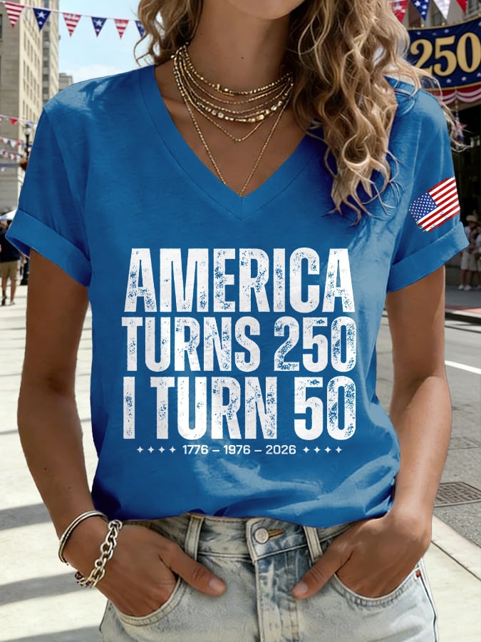 V-Neck Retro 250th Anniversary 1776-2026 America Turns 250 I Turn 50 1776 • 1976 • 2026 Print T-Shirt