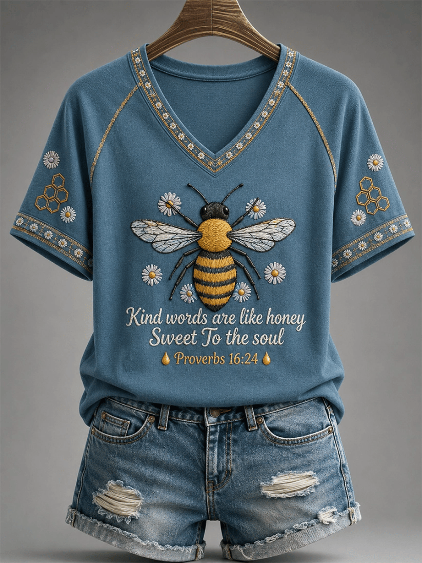 Women's Kind Words Are Like Honey Print Casual V-Neck Tee