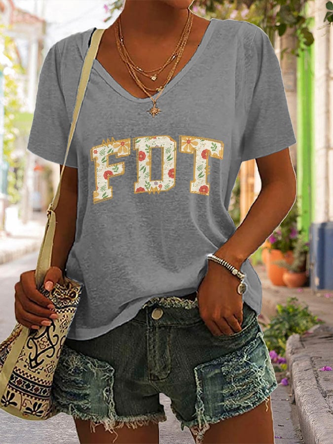 V-neck Retro FDT Flowers 86 47 Print T-Shirt