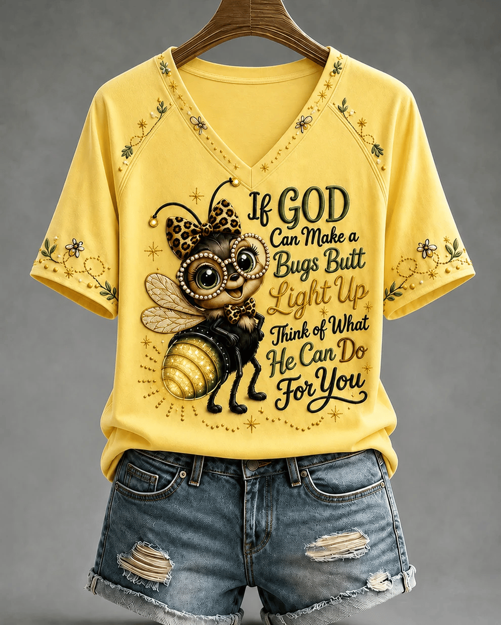Women's If God Can Make A Bug's Butt Light Up Print V-neck Short Sleeve Tshirt