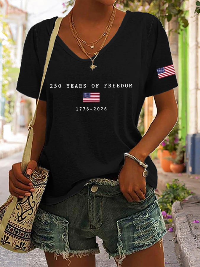 Women's America Flag Print V-neck T-shirt