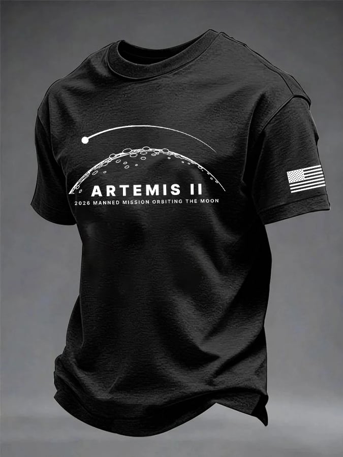 Men's 2026 Manned Mission Orbiting The Moon Print Round Neck T-shirt