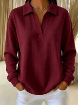 V-Neck Loose-Fit Long-Sleeve Waffle-Knit Top with Lapel Collar, Oversized Shoulders