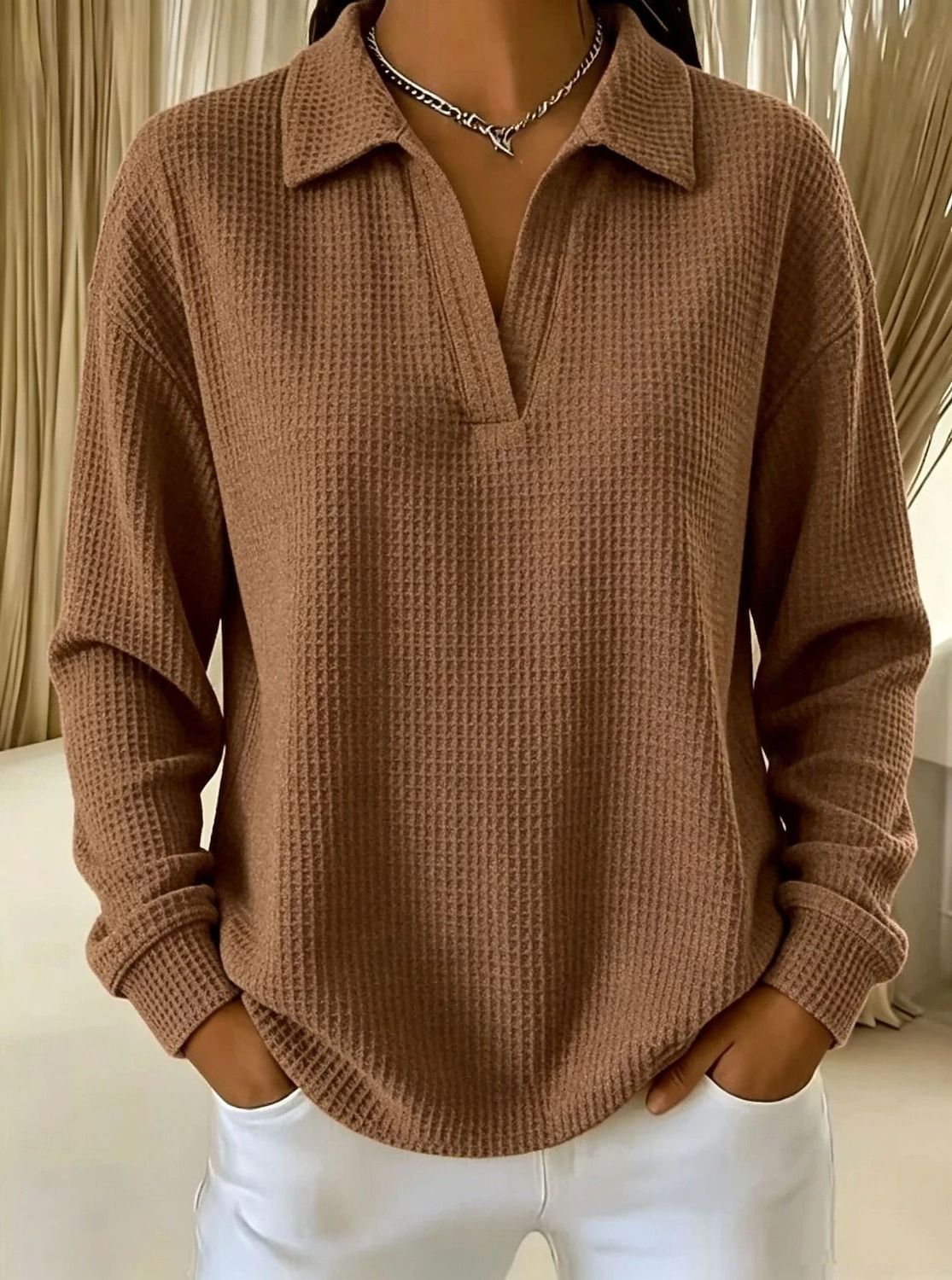 V-Neck Loose-Fit Long-Sleeve Waffle-Knit Top with Lapel Collar, Oversized Shoulders