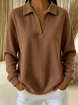 V-Neck Loose-Fit Long-Sleeve Waffle-Knit Top with Lapel Collar, Oversized Shoulders