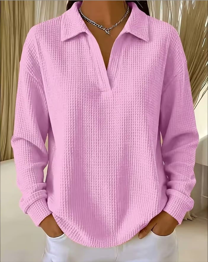 V-Neck Loose-Fit Long-Sleeve Waffle-Knit Top with Lapel Collar, Oversized Shoulders