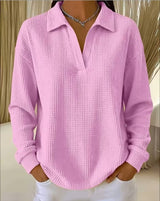 V-Neck Loose-Fit Long-Sleeve Waffle-Knit Top with Lapel Collar, Oversized Shoulders