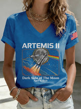 V-Neck Retro Artemis II Dark Side Of The Moon Print T-Shirt