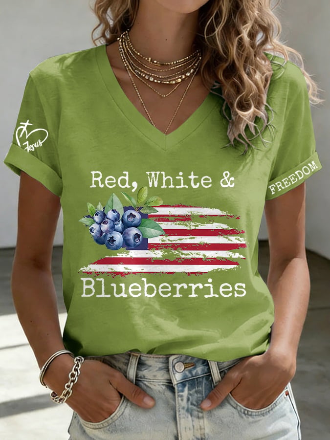 V-Neck Retro Independence Day Red, White & Blueberries Freedom Jesus Print T-Shirt
