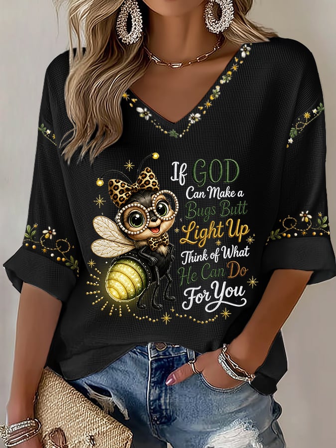 Women's If God Can Make A Bug's Butt Light Up Print Waffle T-Shirt