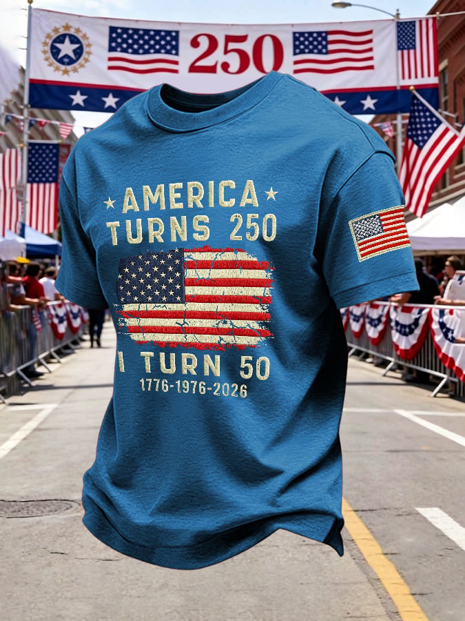 Men's Retro 250th Anniversary 1776-2026 America Turns 250 I Turn 50 1776 • 1976 • 2026 Print T-Shirt