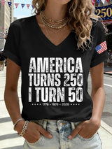 V-Neck Retro 250th Anniversary 1776-2026 America Turns 250 I Turn 50 1776 • 1976 • 2026 Print T-Shirt