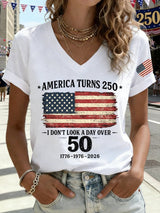 V-Neck Retro America Turns 250 I Don't Look A Day Over 50 1776-1976-2026 Print T-Shirt