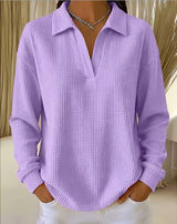 V-Neck Loose-Fit Long-Sleeve Waffle-Knit Top with Lapel Collar, Oversized Shoulders