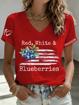 V-Neck Retro Independence Day Red, White & Blueberries Freedom Jesus Print T-Shirt