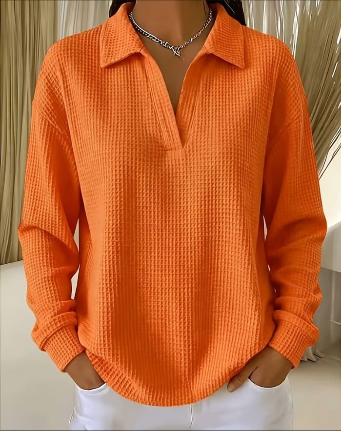 V-Neck Loose-Fit Long-Sleeve Waffle-Knit Top with Lapel Collar, Oversized Shoulders