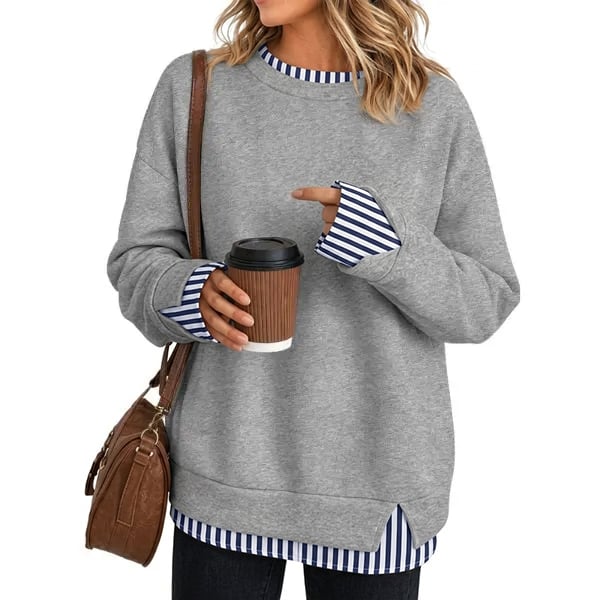 Women Crew Neck Fake Two Piece Striped Patchwork Drop Shoulder Oversized Sweatshirt