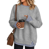 Women Crew Neck Fake Two Piece Striped Patchwork Drop Shoulder Oversized Sweatshirt