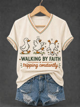 Classic Walking By Faith Tripping Constantly Goose Print Christian Inspirational Short-Sleeved Shirt
