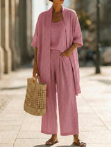 Minimalist Linen-cotton Three-piece Set - Comfortable For Everyday Wear