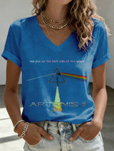 V-Neck Retro Artemis II See You On The Dark Side Of The Moon Print T-Shirt