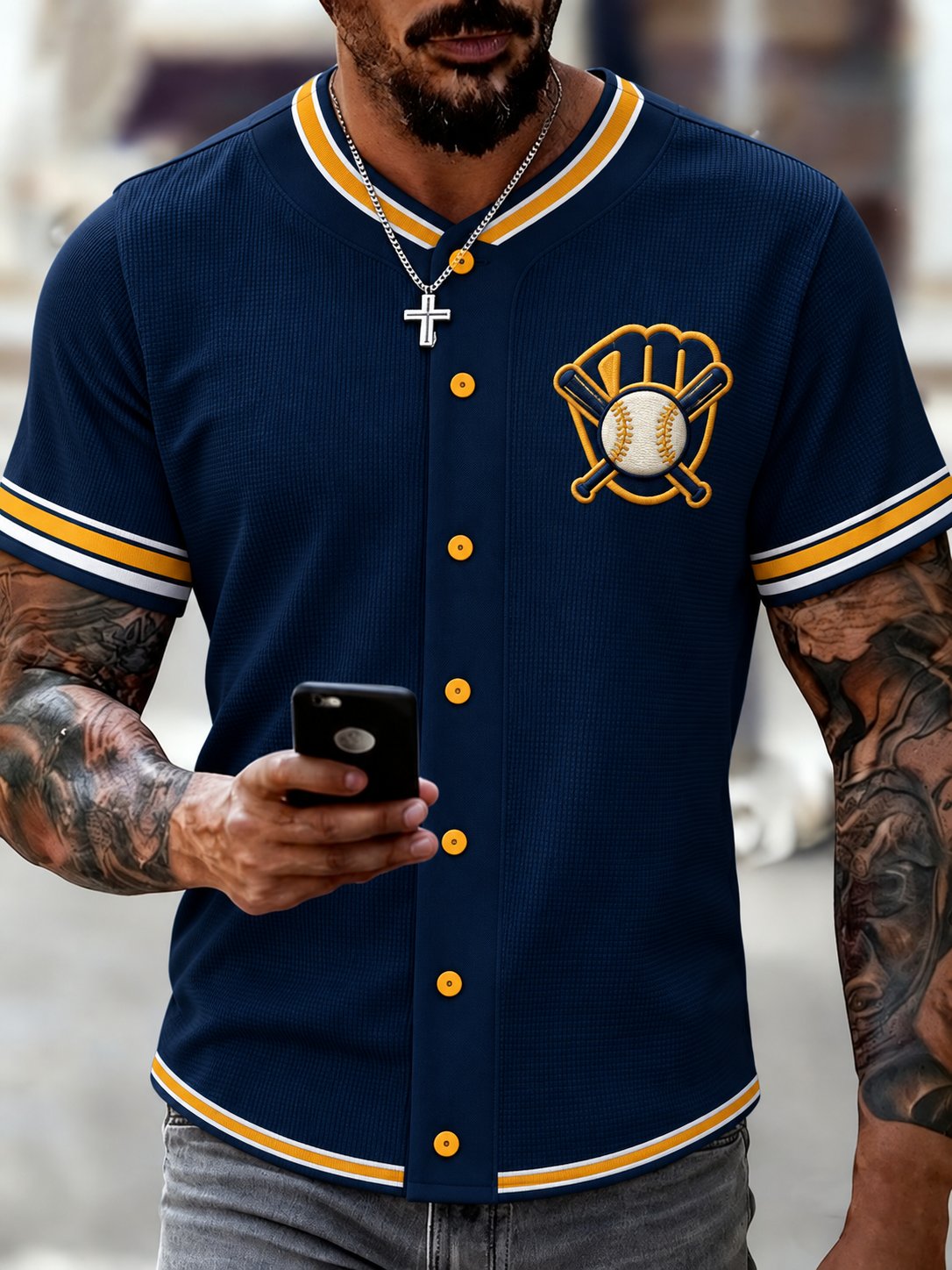 Men's Baseball Print Waffle Long Sleeve T-Shirt