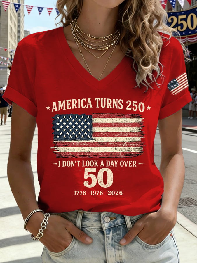 V-Neck Retro America Turns 250 I Don't Look A Day Over 50 1776-1976-2026 Print T-Shirt
