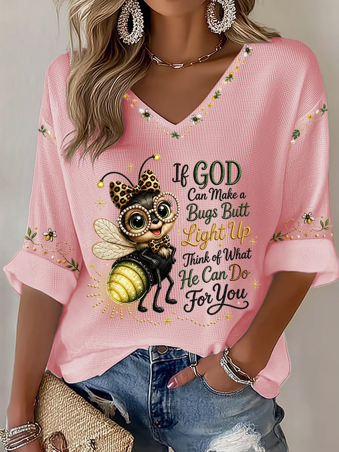 Women's If God Can Make A Bug's Butt Light Up Print Waffle T-Shirt