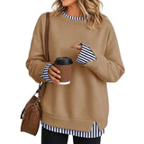 Women Crew Neck Fake Two Piece Striped Patchwork Drop Shoulder Oversized Sweatshirt