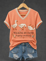 Classic Walking By Faith Tripping Constantly Goose Print Christian Inspirational Short-Sleeved Shirt