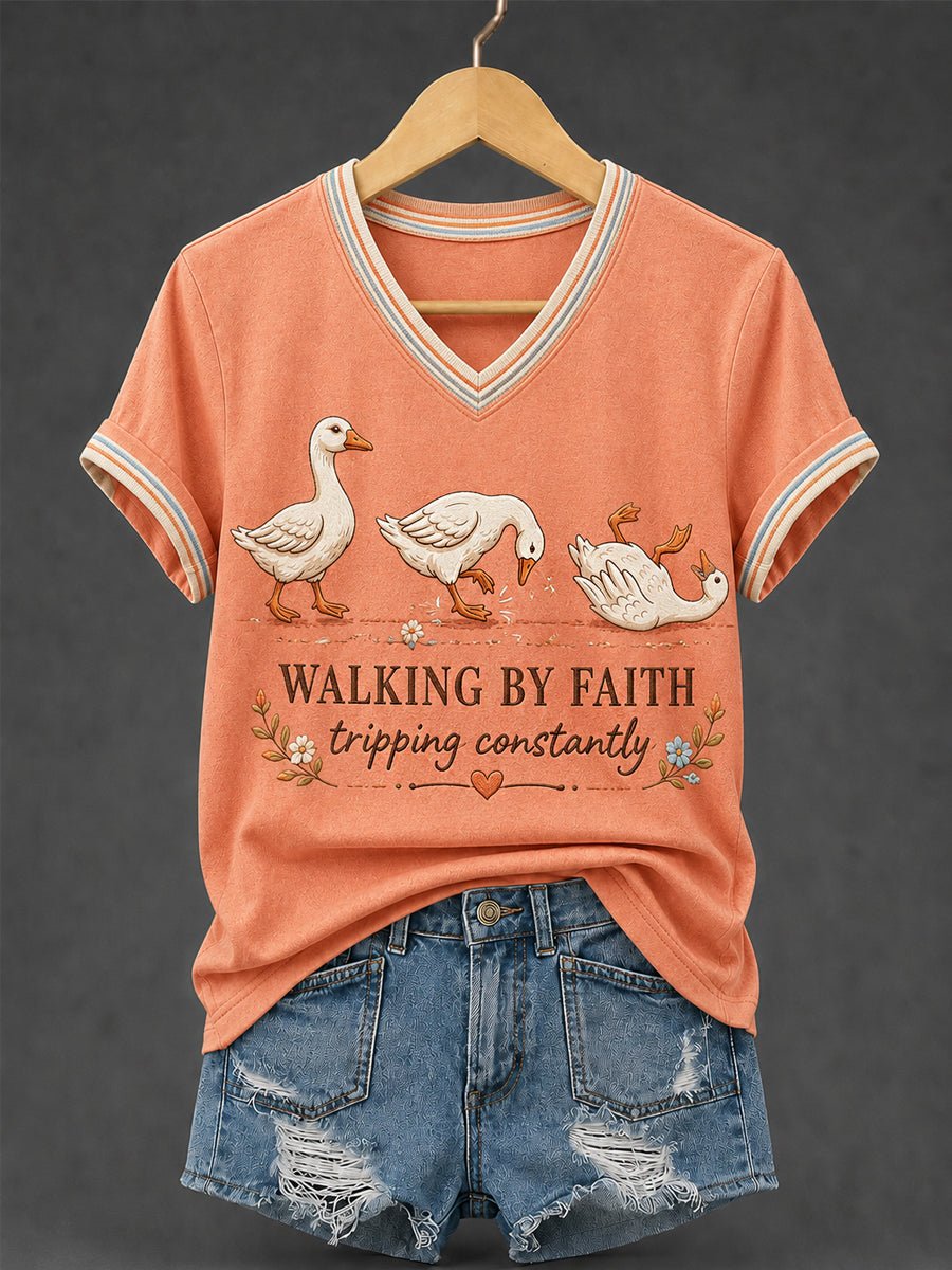 Classic Walking By Faith Tripping Constantly Goose Print Christian Inspirational Short-Sleeved Shirt