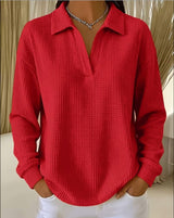 V-Neck Loose-Fit Long-Sleeve Waffle-Knit Top with Lapel Collar, Oversized Shoulders