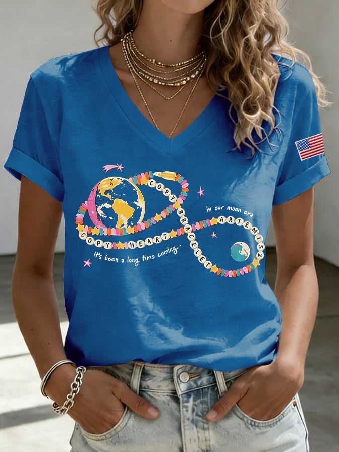 Women's Copy Moon Joy Print V Neck T-shirt