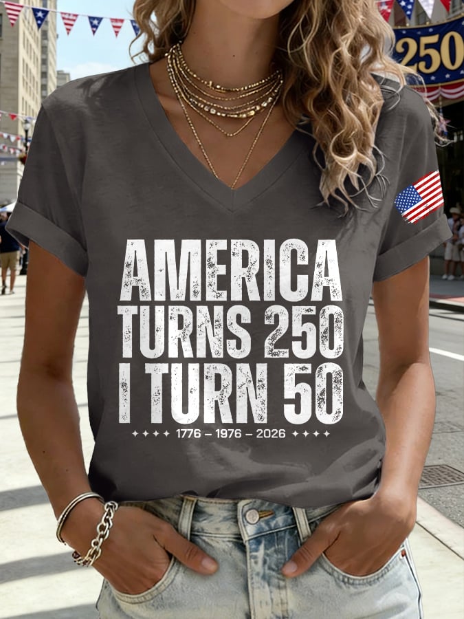 V-Neck Retro 250th Anniversary 1776-2026 America Turns 250 I Turn 50 1776 • 1976 • 2026 Print T-Shirt