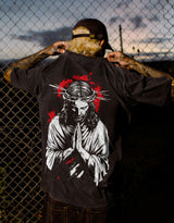 Praying Jesus With Crown Of Thorns Printed Men's Washed Tee