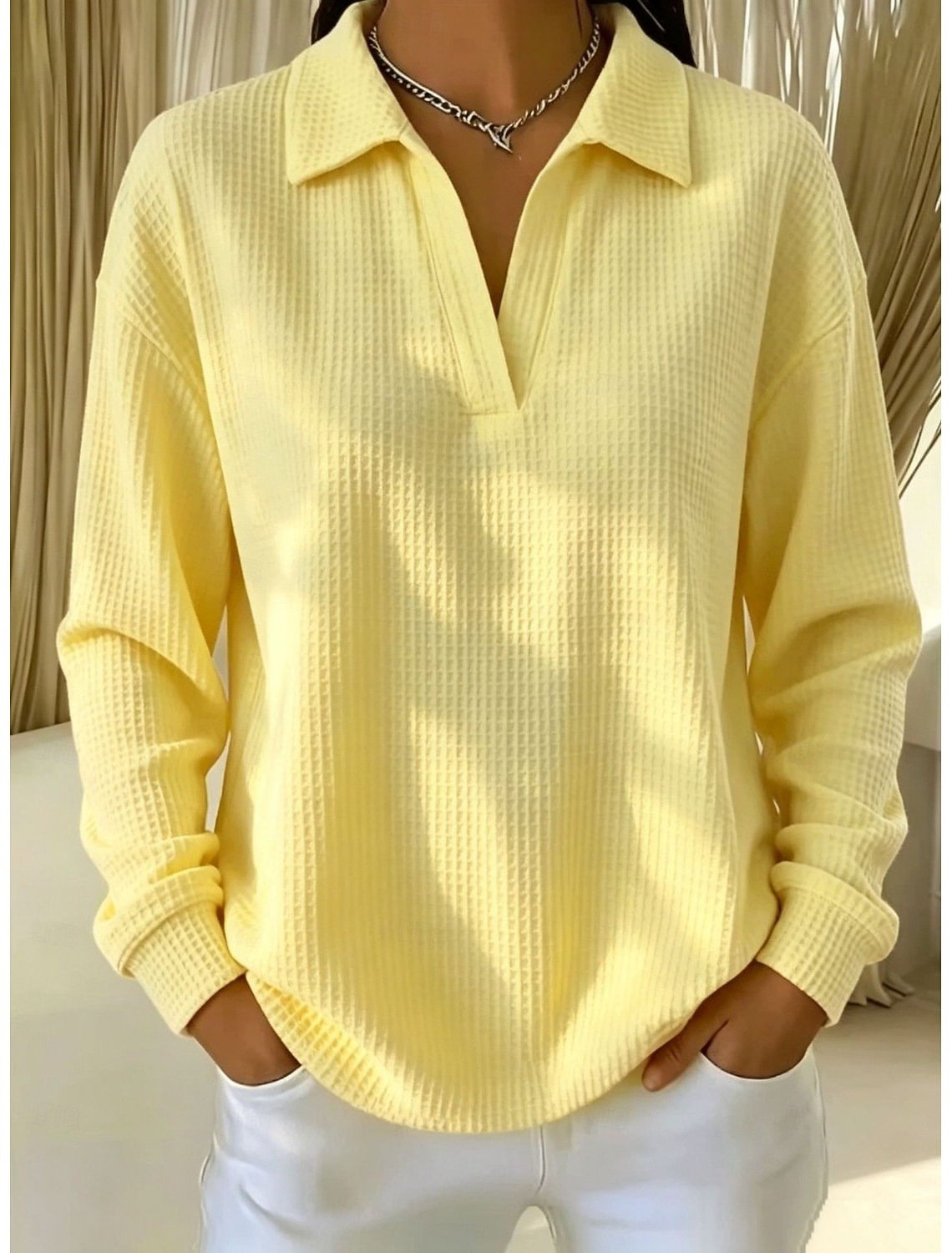V-Neck Loose-Fit Long-Sleeve Waffle-Knit Top with Lapel Collar, Oversized Shoulders