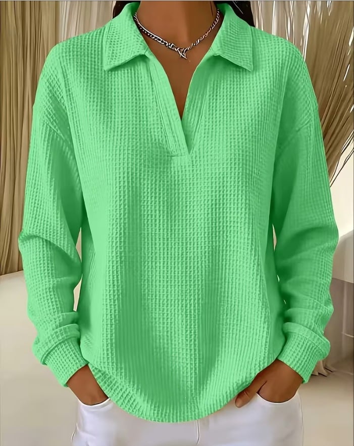 V-Neck Loose-Fit Long-Sleeve Waffle-Knit Top with Lapel Collar, Oversized Shoulders