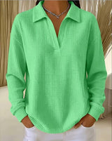 V-Neck Loose-Fit Long-Sleeve Waffle-Knit Top with Lapel Collar, Oversized Shoulders