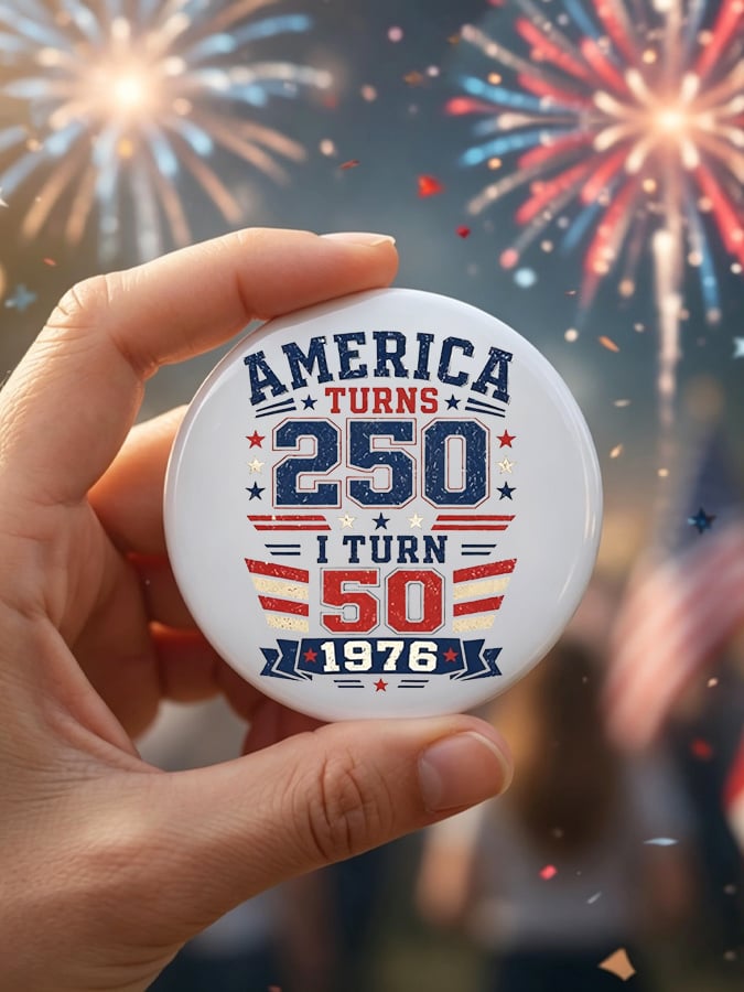 Unisex Retro Retro 250th Anniversary 1776-2026 America Turns 250 I Turn 50 1776 • 1976 • 2026 Pin-Back Button