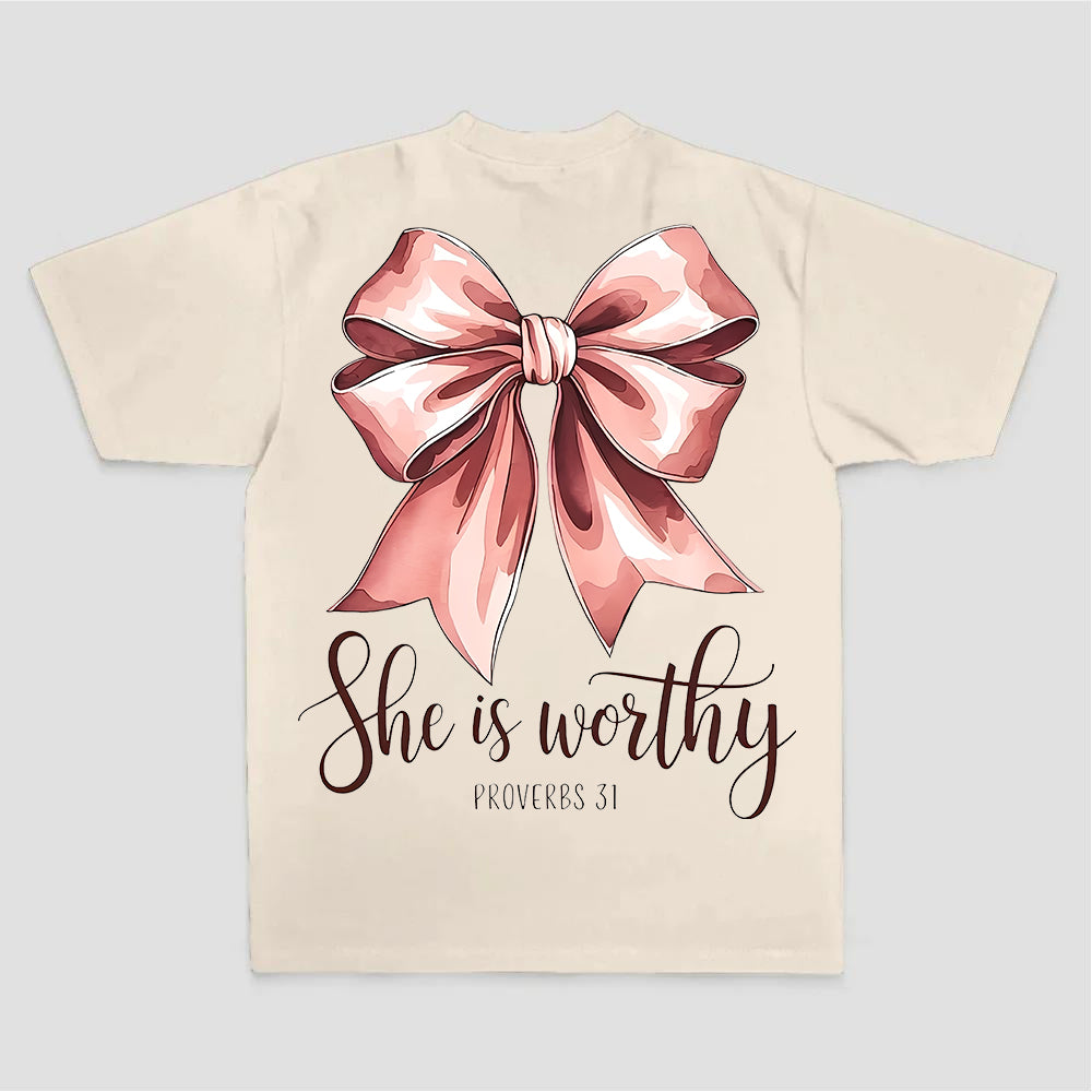 She Is Worthy Proverbs 31 Pink Bow Print Printed Women's T-shirt