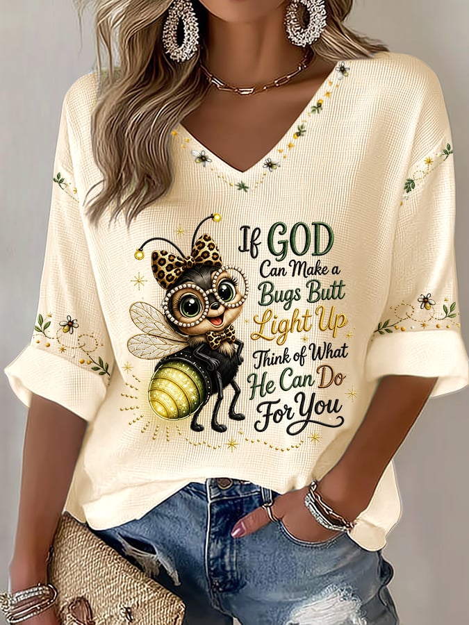 Women's If God Can Make A Bug's Butt Light Up Print Waffle T-Shirt