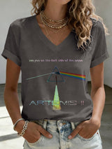 V-Neck Retro Artemis II See You On The Dark Side Of The Moon Print T-Shirt